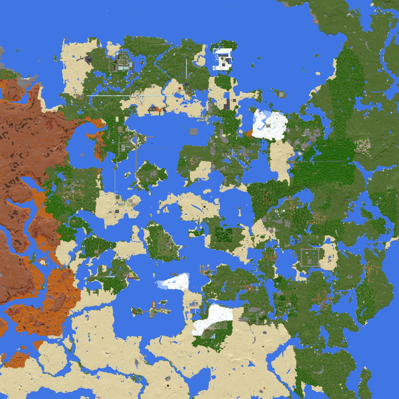 Top-down map of the world with the old builds around spawn